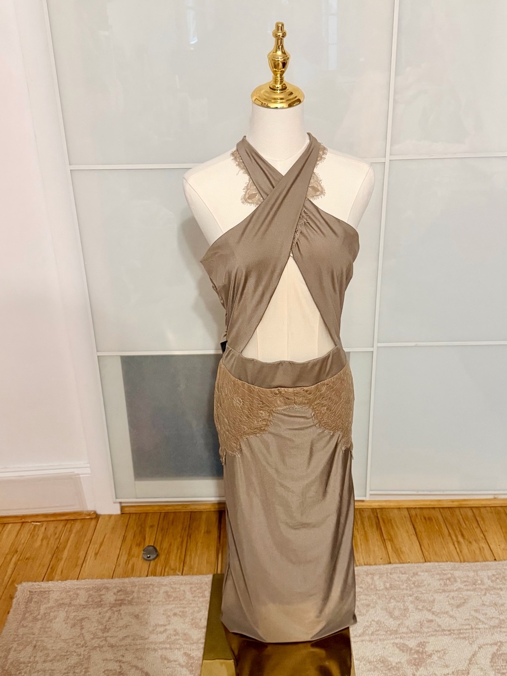 Michael Costello Cross-Front Taupe Midi Dress with Lace Detail